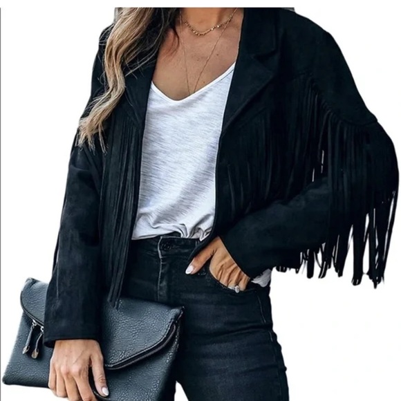 Chartou Jackets & Blazers - Y2K XL Fringe Black Faux Suede waist jacket cowgirl western festival Rock 90’s
